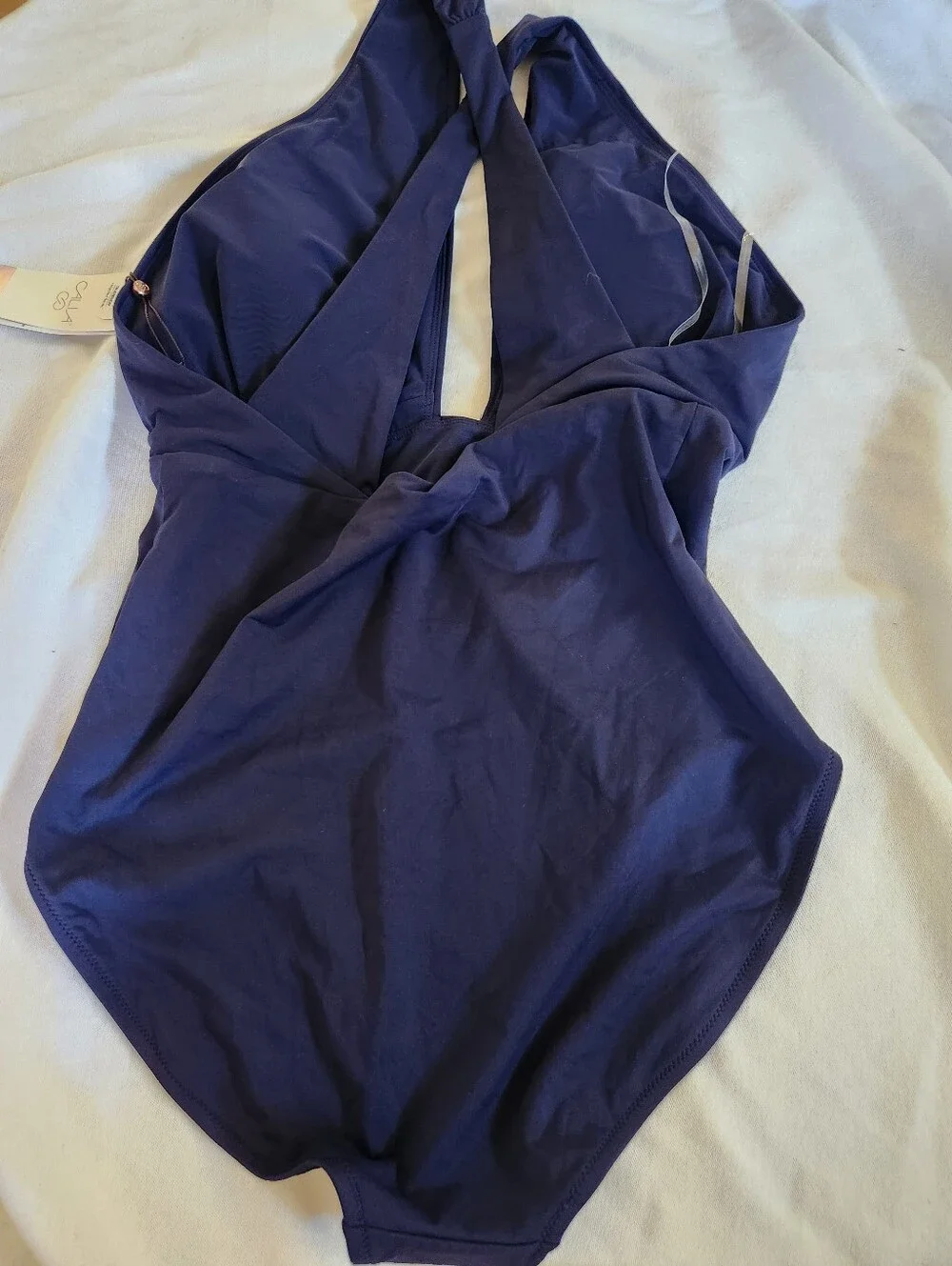 CALIA Navy One Piece Swimsuit Medium NWT Plunge Neck Twist Back Swim